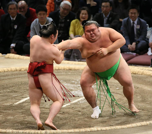 炎鵬（左）を突き出しで破る千代丸（撮影・栗木一考）
