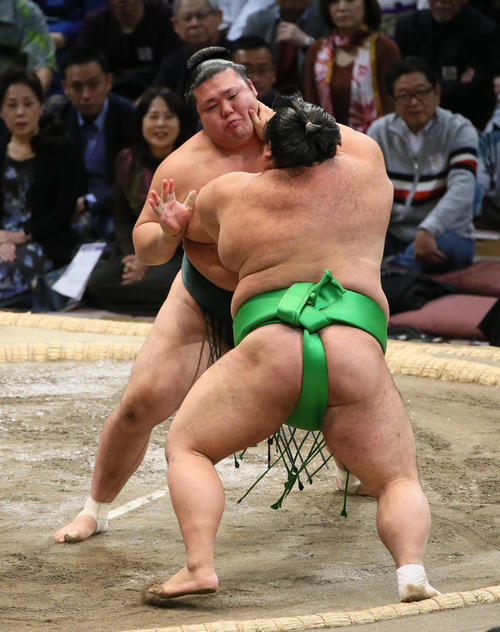 千代丸（手前）を押し出しで破る豊山（撮影・栗木一考）