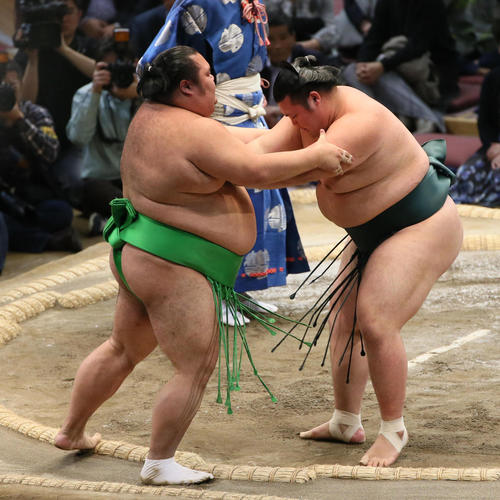千代丸（左）を押し出しで破る豊山（撮影・栗木一考）