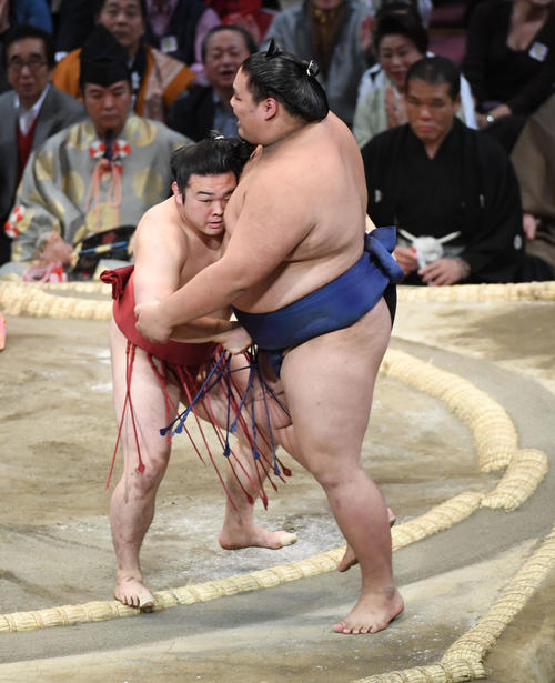 大翔鵬を寄り切りで破る炎鵬（撮影・今浪浩三）