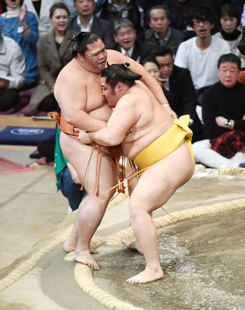 御嶽海を寄り切りで破る遠藤（右）（撮影・今浪浩三）