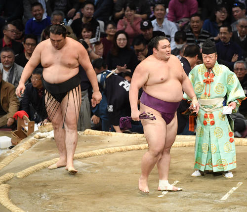 竜電を寄り切りで破る朝乃山（右）（撮影・今浪浩三）