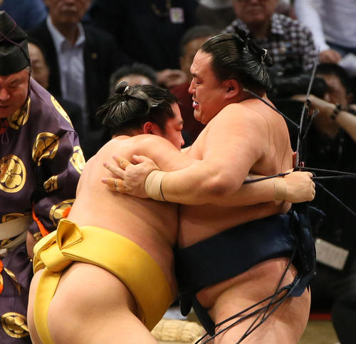 玉鷲(右)を寄り倒しで破る遠藤(撮影・栗木一考)