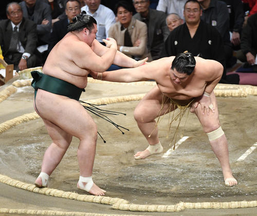 豊山を押し出しで破る輝(右)(撮影・今浪浩三)
