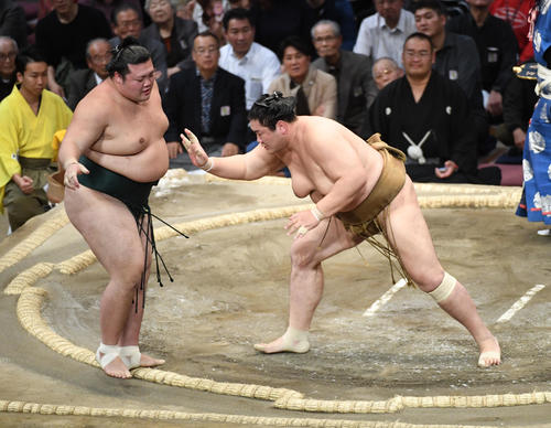 豊山を押し出しで破る輝(右)(撮影・今浪浩三)