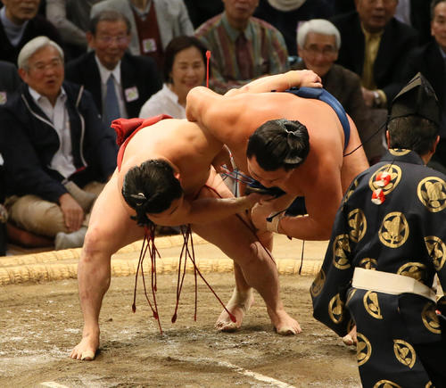 照強（右）を下手投げで破る炎鵬（撮影・栗木一考）