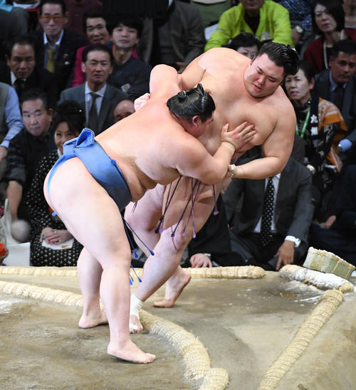 朝乃山を寄り切りで破る正代（撮影・今浪浩三）