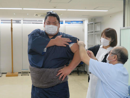インフルエンザの予防接種を受ける大栄翔（撮影・佐藤礼征）