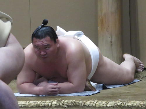 入念な準備運動で体をほぐす白鵬