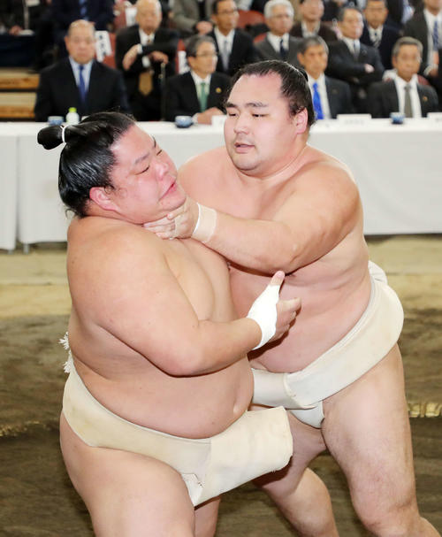 大栄翔（左）を激しく攻める鶴竜（撮影・鈴木正人）
