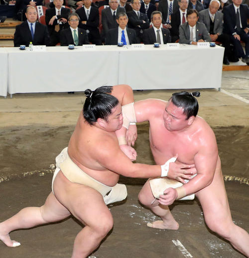 大栄翔（左）に立ち合いでかち上げを浴びせる白鵬。後方は横綱審議委員と八角理事長（撮影・鈴木正人）