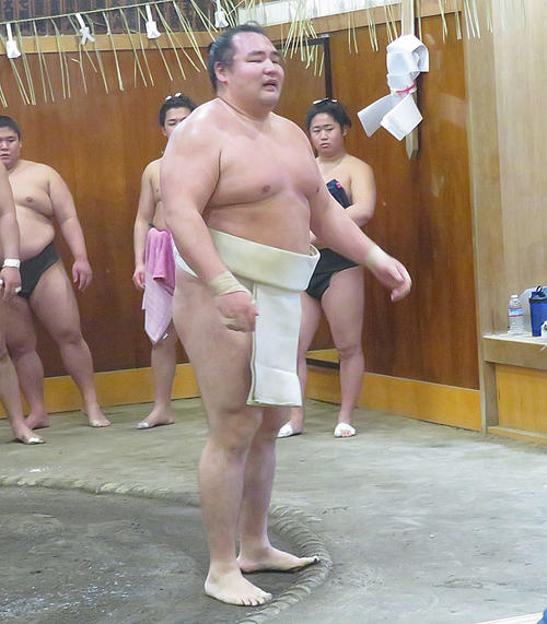 時津風部屋へ出稽古した鶴竜（撮影・佐藤礼征）