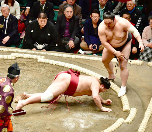 隠岐の海（右）は阿炎を突き落としで下す（撮影・小沢裕）