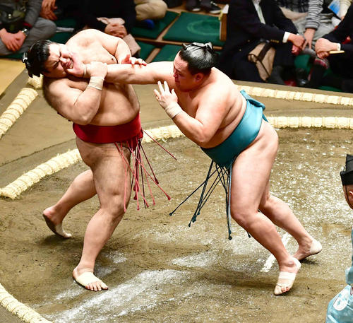 高安（左）は玉鷲に押し出しで敗れる（撮影・小沢裕）