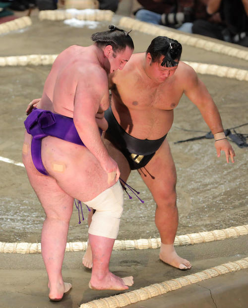 栃ノ心（左）を寄り切りで破る松鳳山（撮影・河田真司）