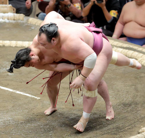 宝富士（右）を攻める炎鵬（撮影・河田真司）
