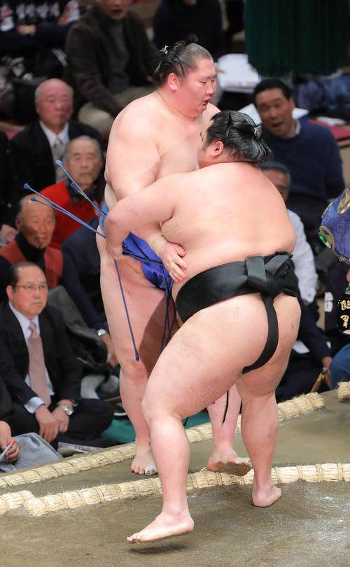 大奄美（右）に寄り切りで敗れる逸ノ城（撮影・河田真司）