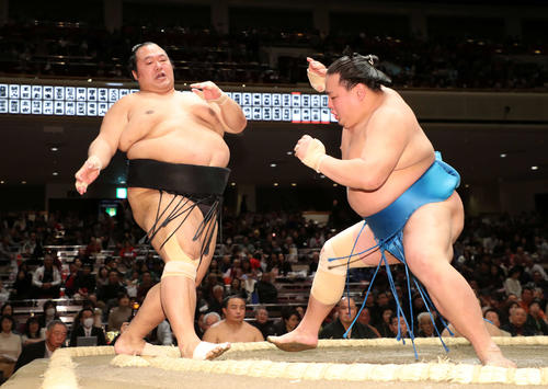彩（右）に突き出しで敗れる豊ノ島（撮影・鈴木正人）
