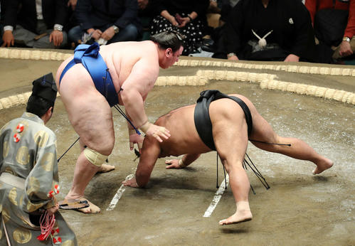 松鳳山(右)をはたき込みで破る碧山(撮影・鈴木正人)