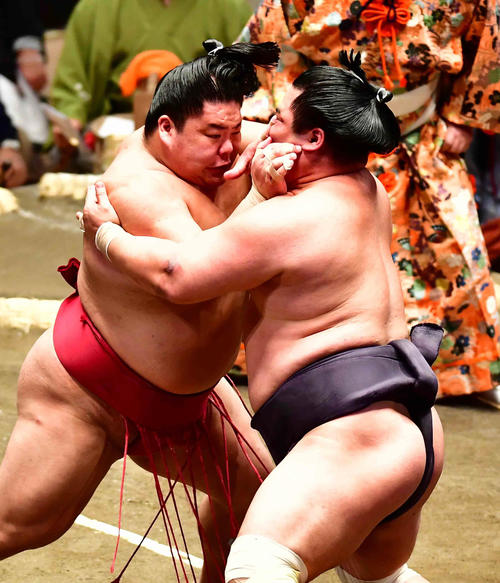 大栄翔（左）は押し出しで妙義龍を下す（撮影・小沢裕）