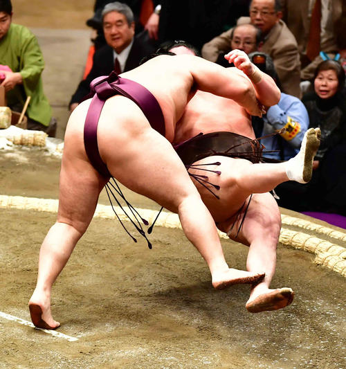 遠藤（左）は白鵬を切り返しで破る（撮影・小沢裕）