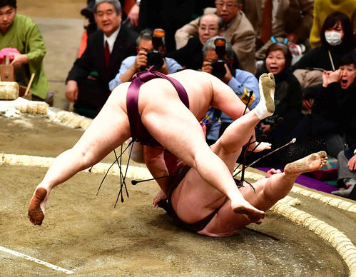 遠藤（左）は白鵬を切り返しで破る（撮影・小沢裕）