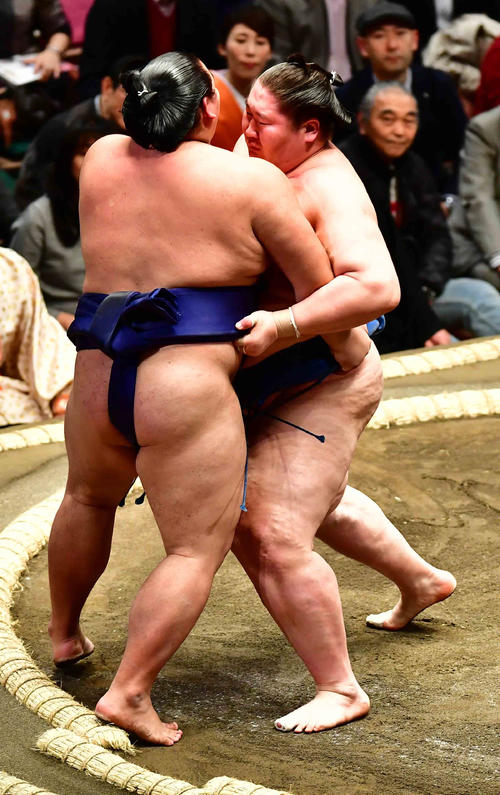 逸ノ城（右）は大翔鵬を寄り切りで下す（撮影・小沢裕）