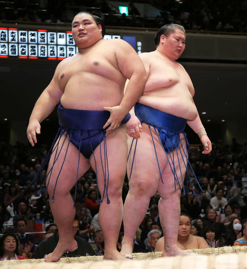 大翔鵬（左）を寄り切りで破る逸ノ城（撮影・河田真司）
