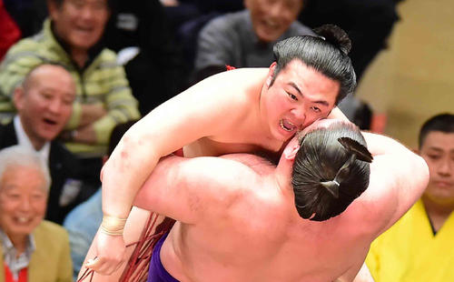 炎鵬（上）は栃ノ心につり出しで敗れる（撮影・小沢裕）