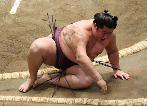 貴景勝に突き落としで敗れた遠藤（撮影・山崎安昭）