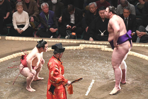立ち合いに備える炎鵬（左）と栃ノ心（撮影・山崎安昭）