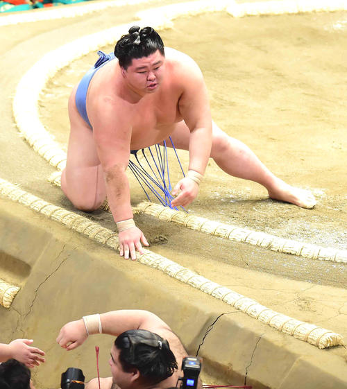 正代（上）は寄り切りで高安を破る（撮影・小沢裕）