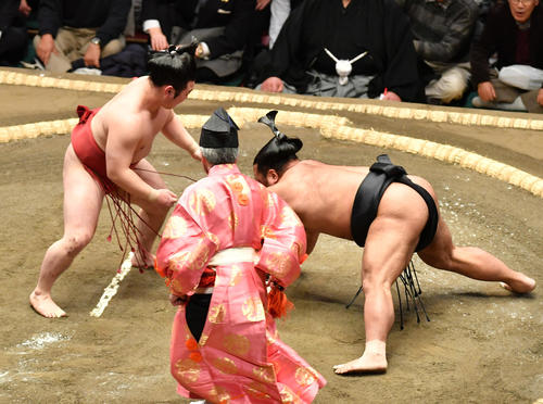 炎鵬（左）は松鳳山を引き落としで破る（撮影・柴田隆二）