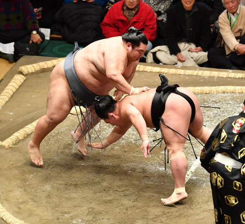照強（右）は徳勝龍に引き落としで敗れる（撮影・柴田隆二）