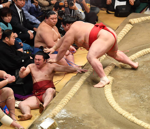 炎鵬（左）は阿武咲に寄り倒しで敗れる（撮影・柴田隆二）