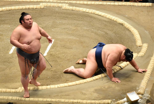 貴景勝（左）は御嶽海を突き落としで破る（撮影・柴田隆二）