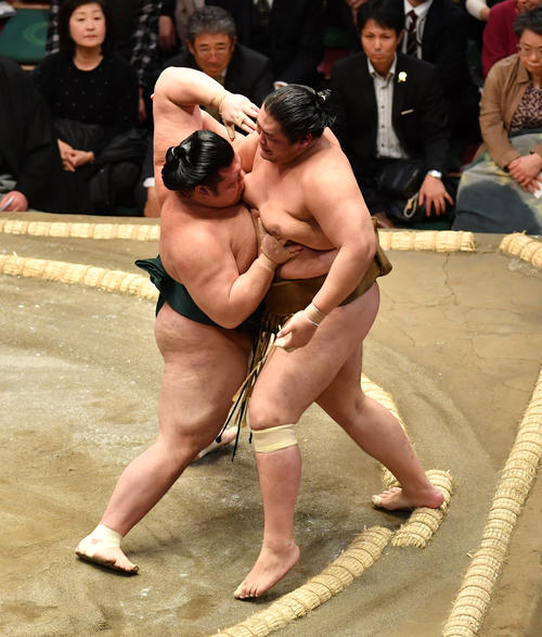 輝（右）は豊山に押し出しで敗れる（撮影・柴田隆二）