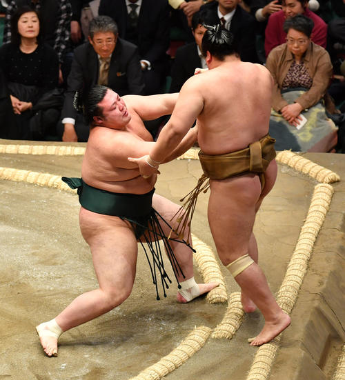 輝（右）は豊山に押し出しで敗れる（撮影・柴田隆二）