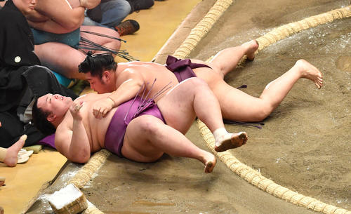 朝乃山（下）は遠藤に寄り倒しで破れる（撮影・柴田隆二）