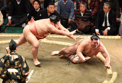 千代大龍（左）は豊山を突き倒しで破る（撮影・柴田隆二）