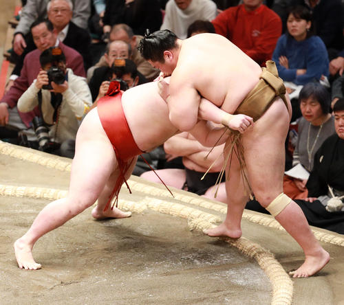 輝（右）を押し出しで破る隆の勝（撮影・中島郁夫）