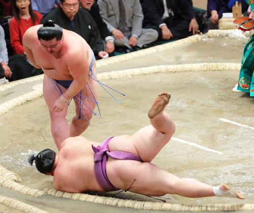 朝乃山（右）をすくい投げで破る正代（撮影・河田真司）