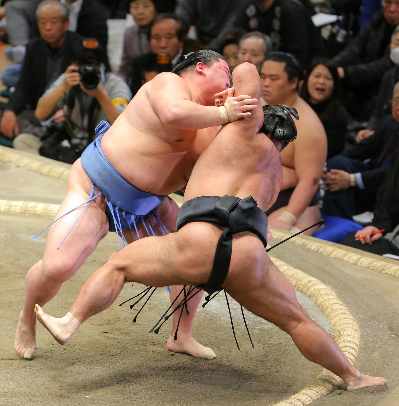 松鳳山（右）を寄り切りで破る正代（撮影・河田真司）