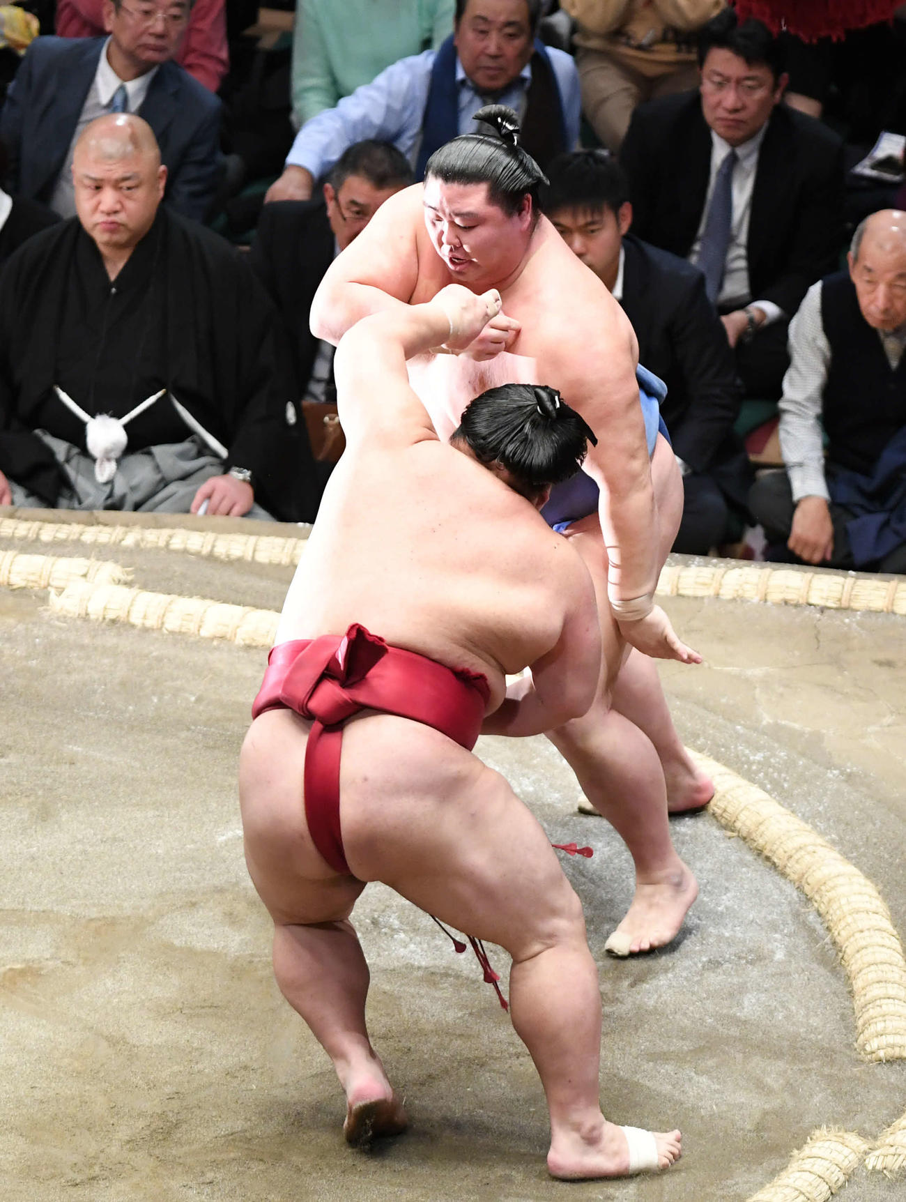 正代（後方）は大栄翔に押し込まれる（撮影・山崎安昭）