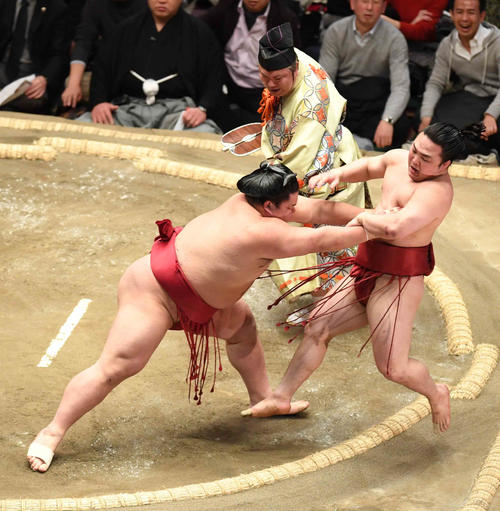 大栄翔(左)は突き出しで炎鵬を下す(撮影・小沢裕)