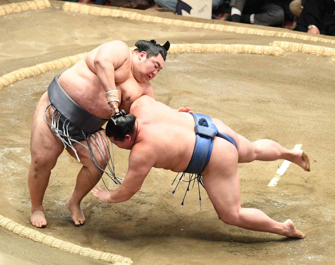 徳勝龍（左）は突き落としで正代を破る（撮影・小沢裕）