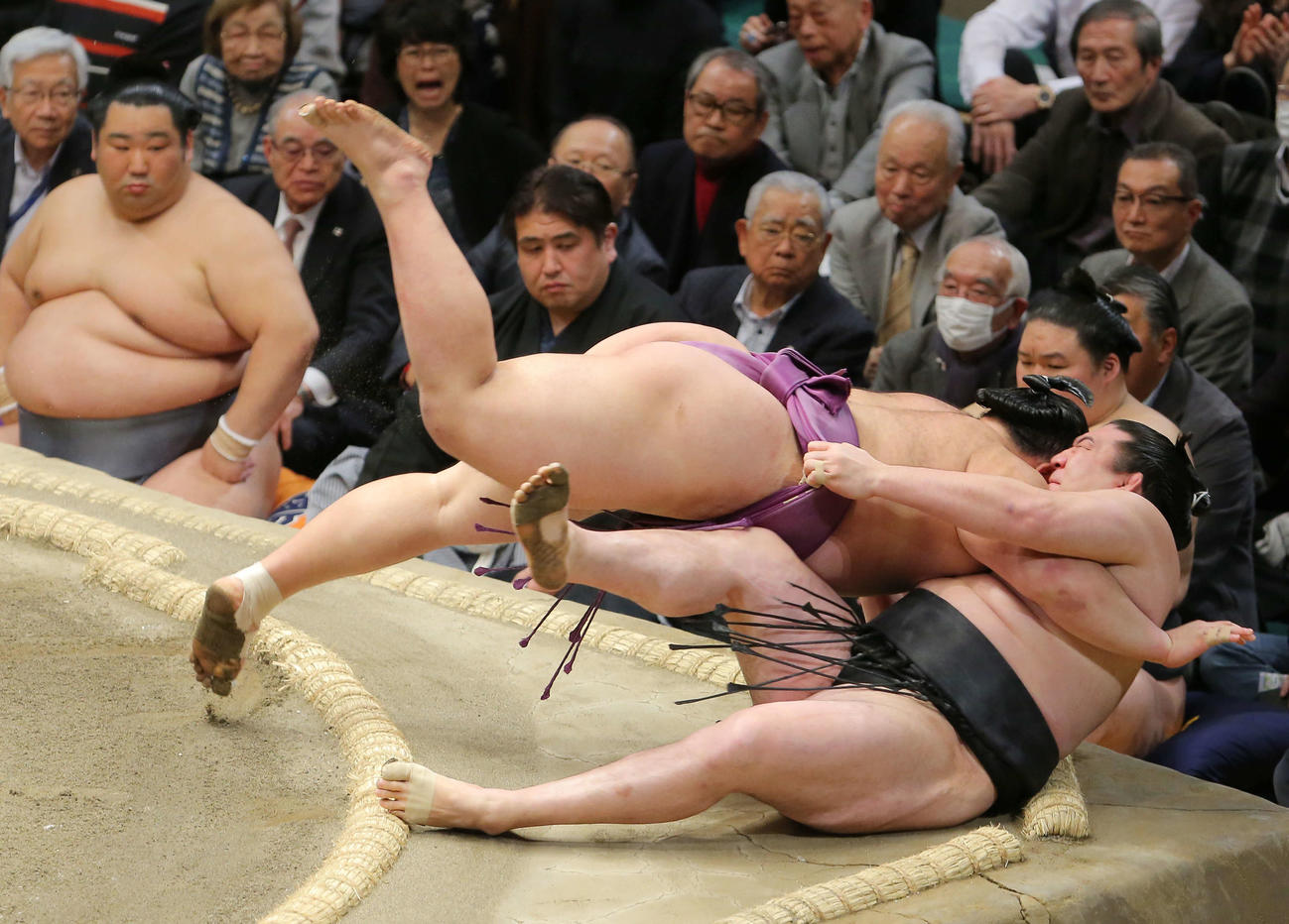 竜電（下）を浴びせ倒しで破る朝乃山（撮影・河田真司）
