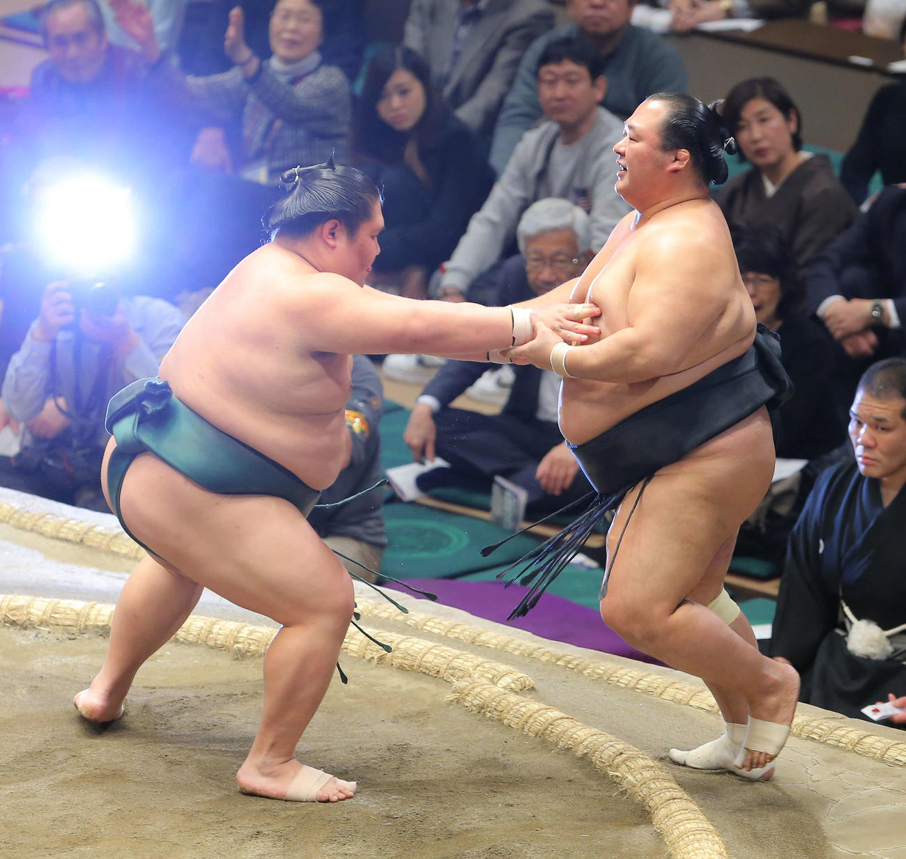 大翔丸（左）に押し出しで敗れる豊ノ島（撮影・河田真司）