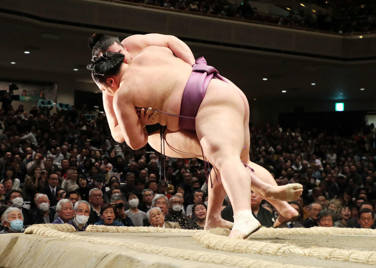 竜電（後方）を浴びせ倒しで破る朝乃山（撮影・鈴木正人）