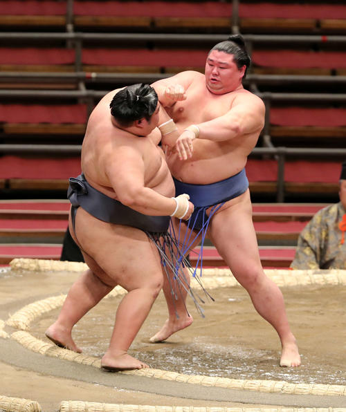 徳勝龍（左）を押し出しで破る正代（撮影・鈴木正人）